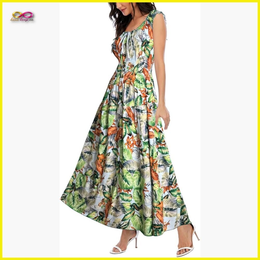 Boho Floral Maxi Dress Sleeveless A-Line Summer Casual Flowy Tiered